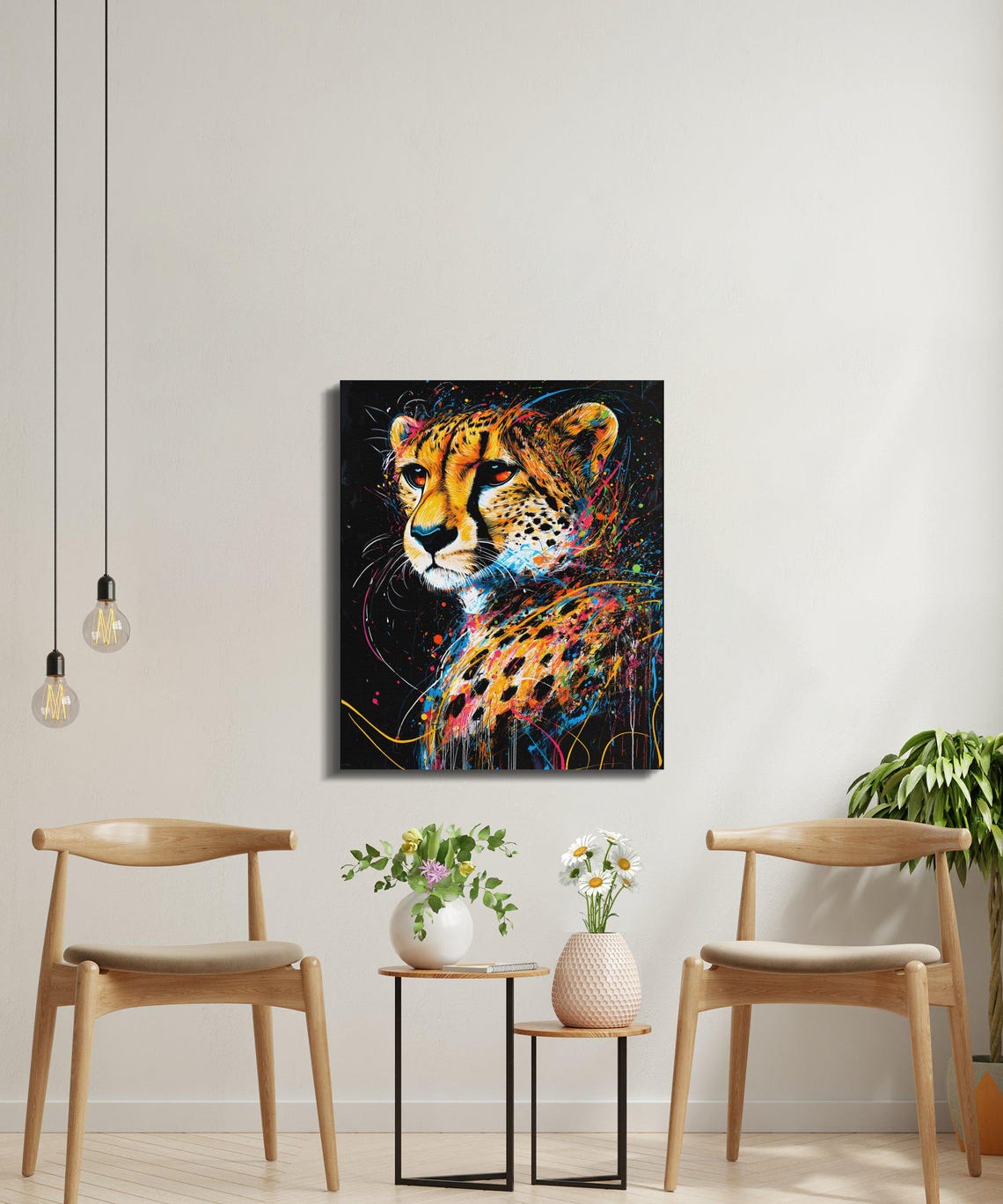 Vibrant Cheetah Front Portrait Rainbow Splash Black Canvas Poster - Image 4