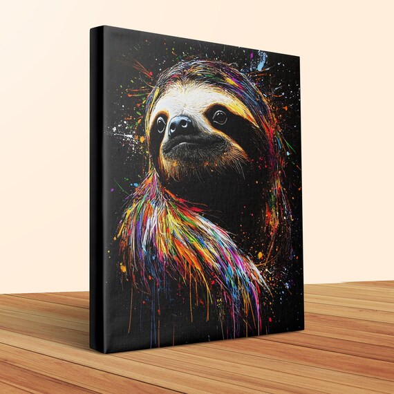Smiling Sloth Portrait Paint Splash Black Canvas Wildlife Poster