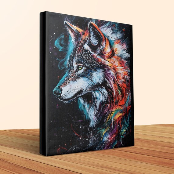 Fierce Wolf Profile Teal and Orange Splash Black Canvas Poster