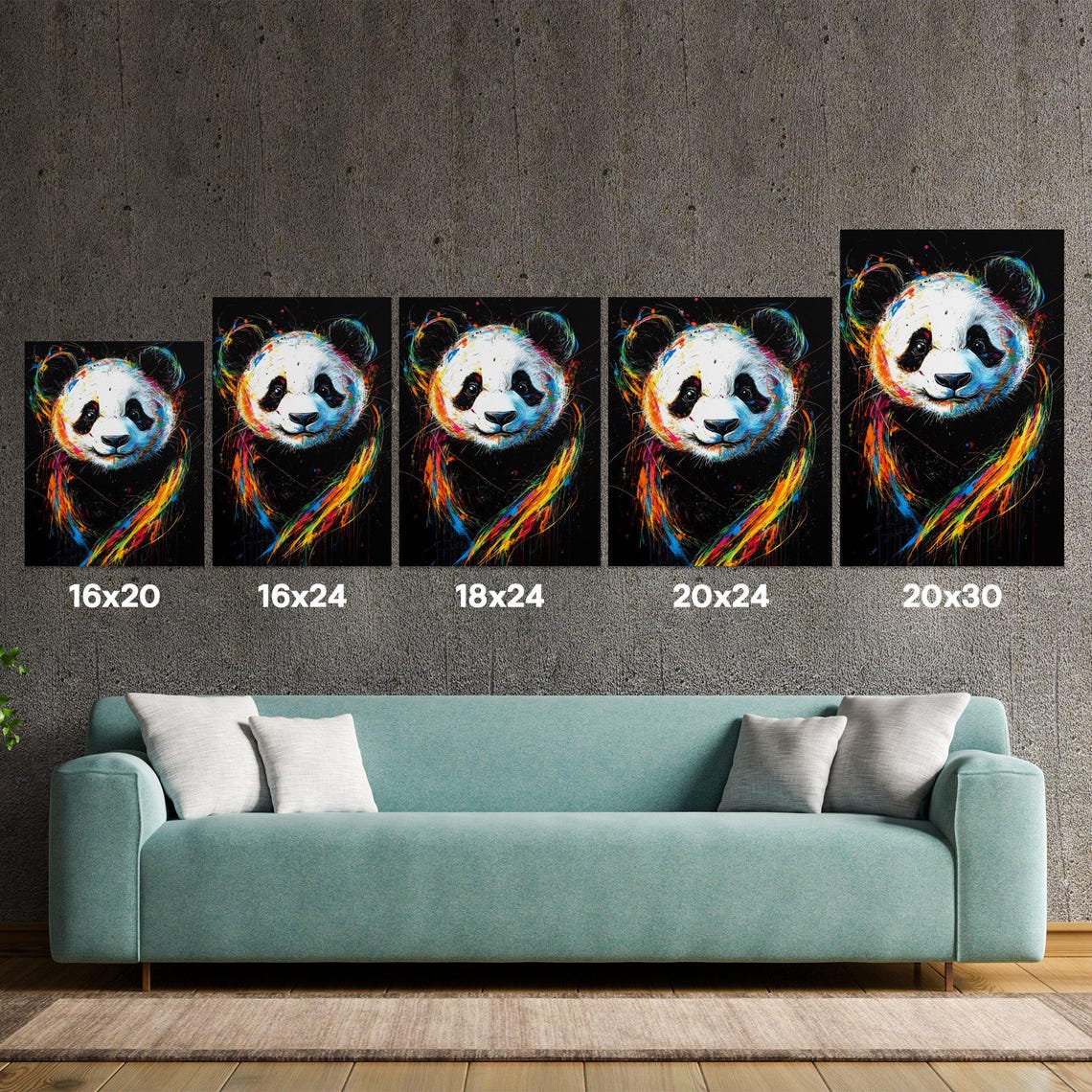 Cute Panda Front Face Paint Splash Black Canvas Wildlife Poster - Image 5