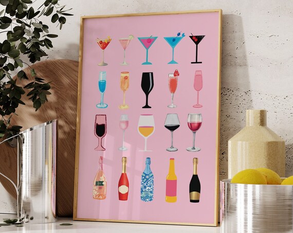 Retro Champagne Poster Aesthetic Girly Bar Cart Art Preppy Pink Posters Champagne Posters Wine Bottle Cute Girly Poster Champagne Wall Art