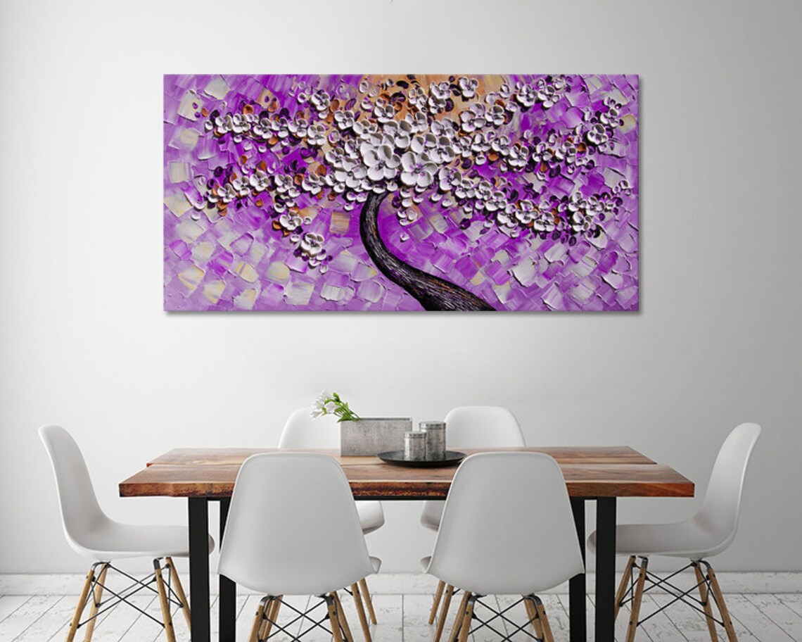 Hand Painted Purple White Cherry Blossom Flower Oil Painting On Living Room Home Decor Wall Art Textured Art Palette Knife Painting - Image 2