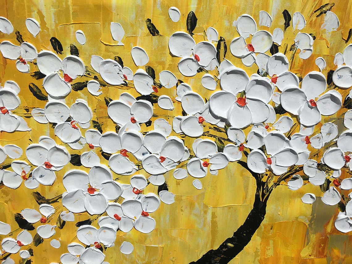 White Flowering Tree With Black Trunk On Golden Textured Oil Poster - Image 2