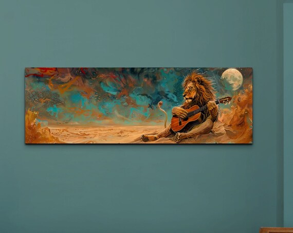 Lion Playing Guitar Under Full Moon In Dreamy Cosmic Desert Panoramic Print