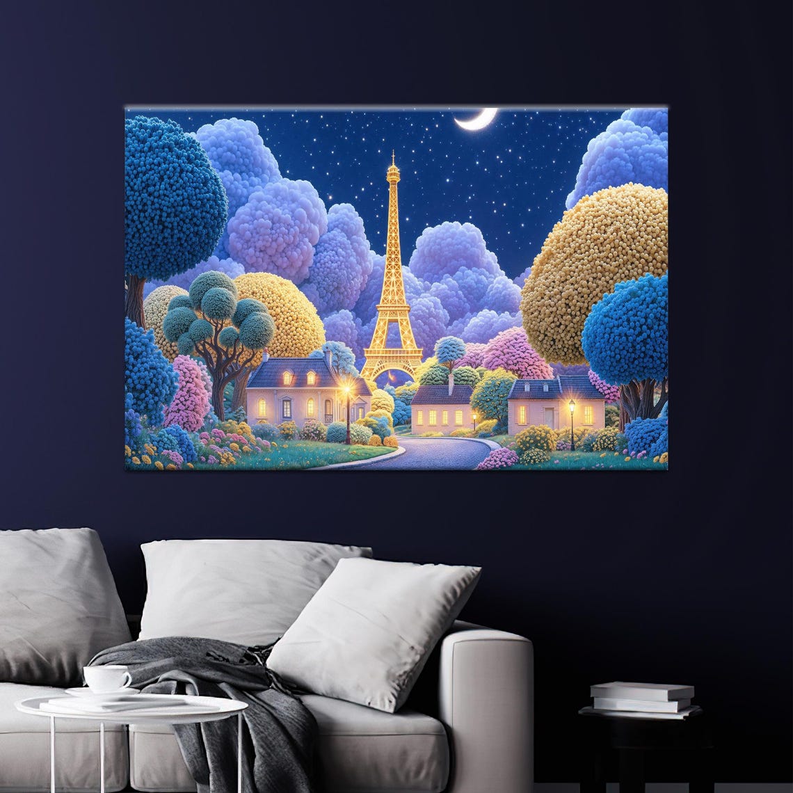 Starry Paris Eiffel Tower Moonlight Fantasy Night Village Poster