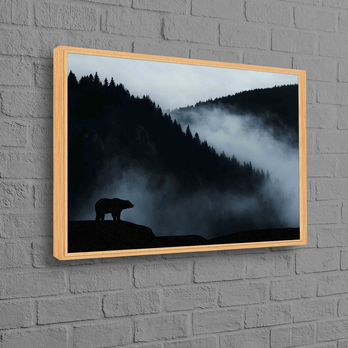 Bear Silhouette In Misty Forest Mountains Moody Wildlife Poster