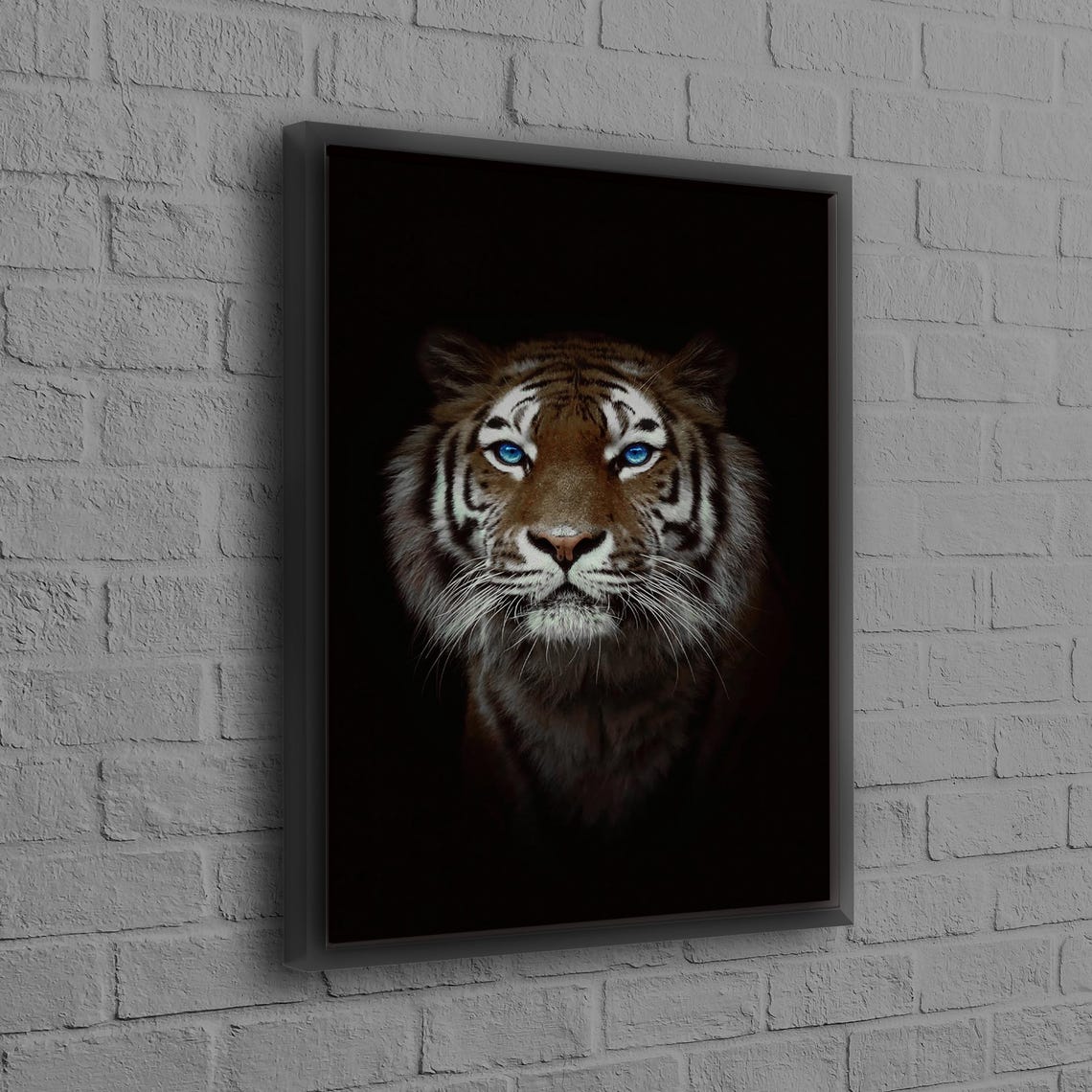 Tiger Face Dark Background Blue Eyes Wildlife Portrait Poster