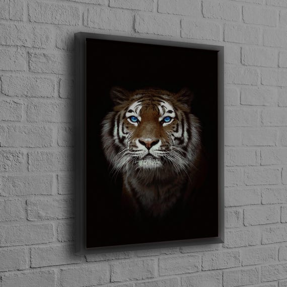 Gift For Him Blue Eyes Tiger Wall Hanging Large Canvas Loft Art Home Decor Man Cave Poster Animal Personalized Box