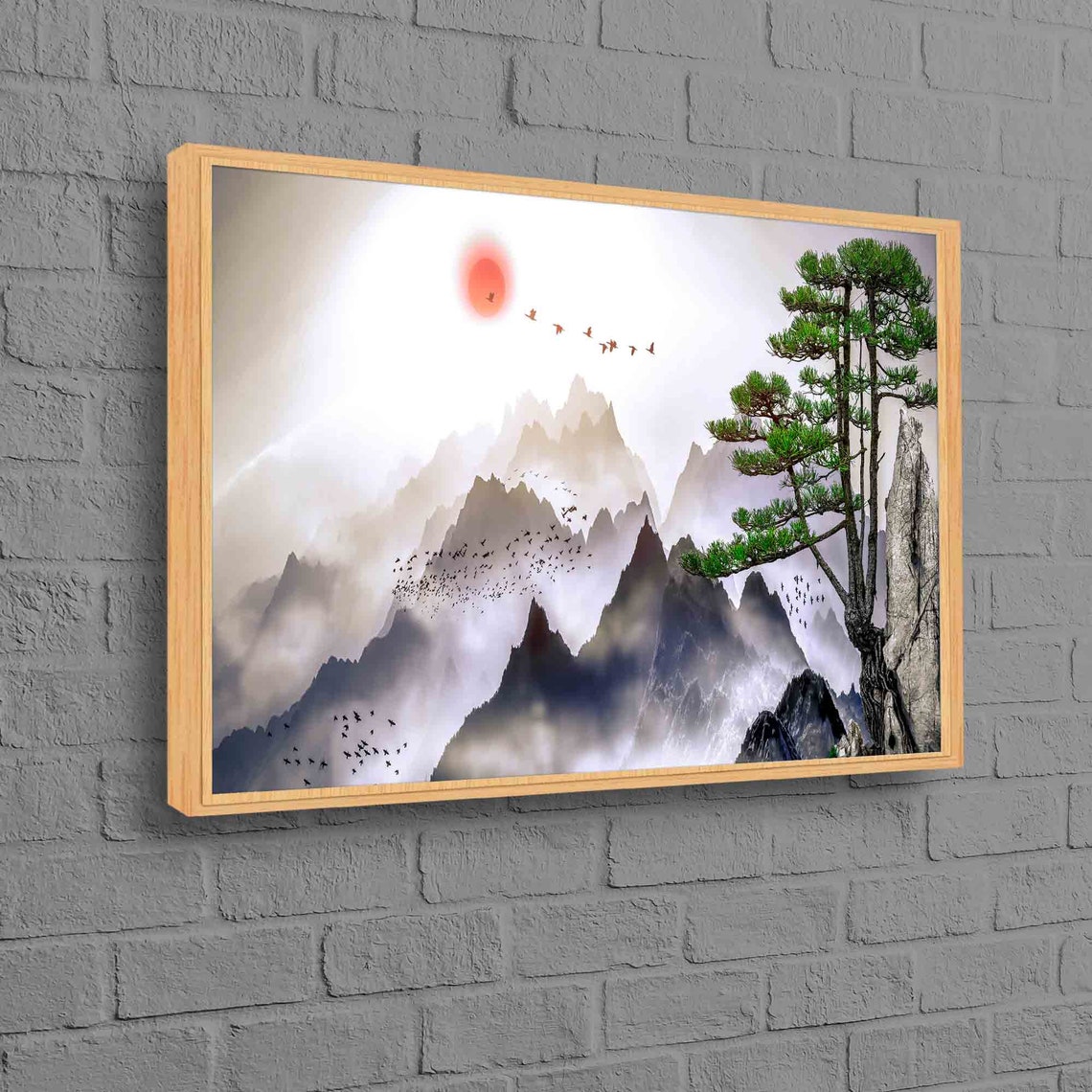Asian Misty Mountains Red Sun Birds Pine Zen Ink Painting Poster