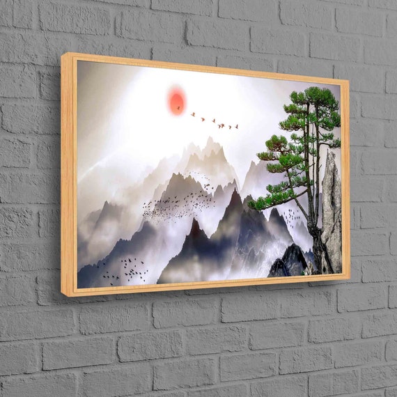 Asian Landscape Canvas Art Misty Mountains Wall Decor Zen Nature Poster Pine Tree Print Tranquil Cotton