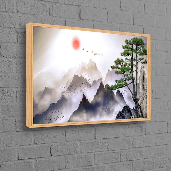 Asian Misty Mountains Red Sun Birds Pine Zen Ink Painting Poster