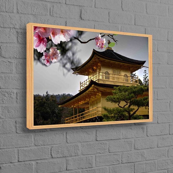 Japanese Canvas Art Home Decor View Golden Temple Wall Kinkakuji With Cherry Blossoms