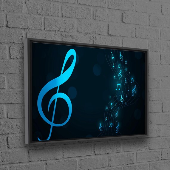 Glowing Blue Treble Clef Musical Notes Dark Music Room Art Poster
