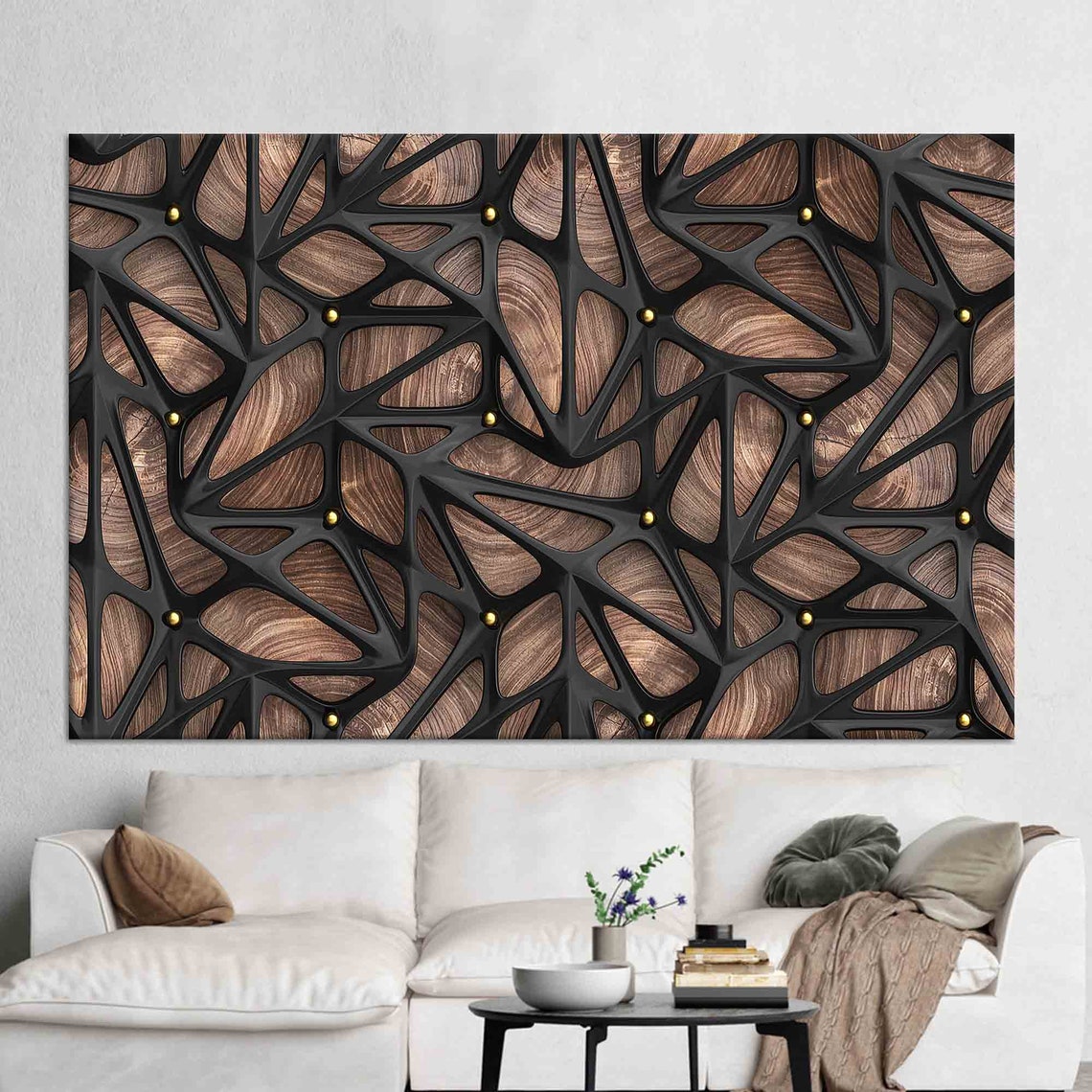 Black Geometric Abstract Web Over Wood With Gold Studs Modern Poster