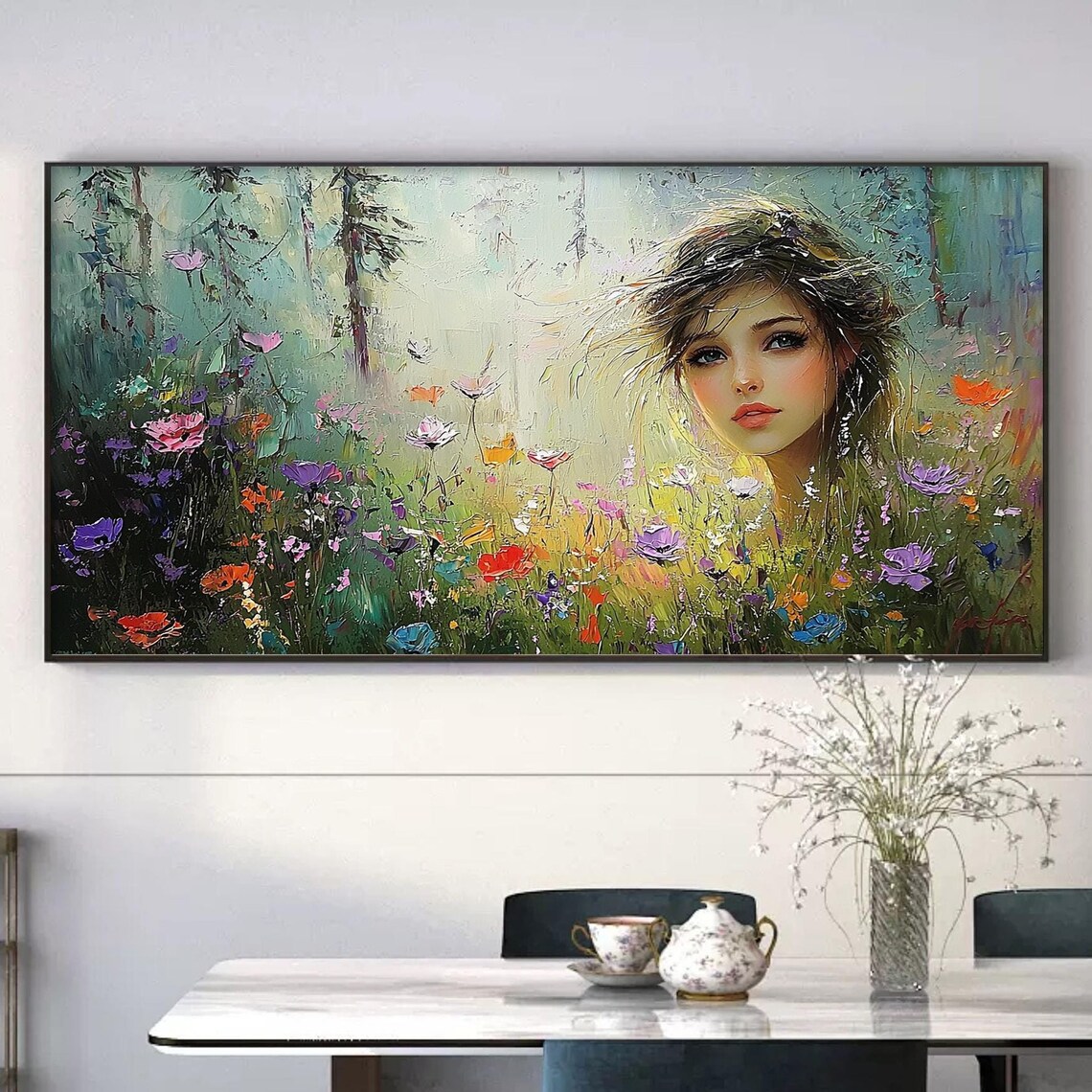 Dreamy Woman Face among Colorful Wildflowers Garden Oil Poster