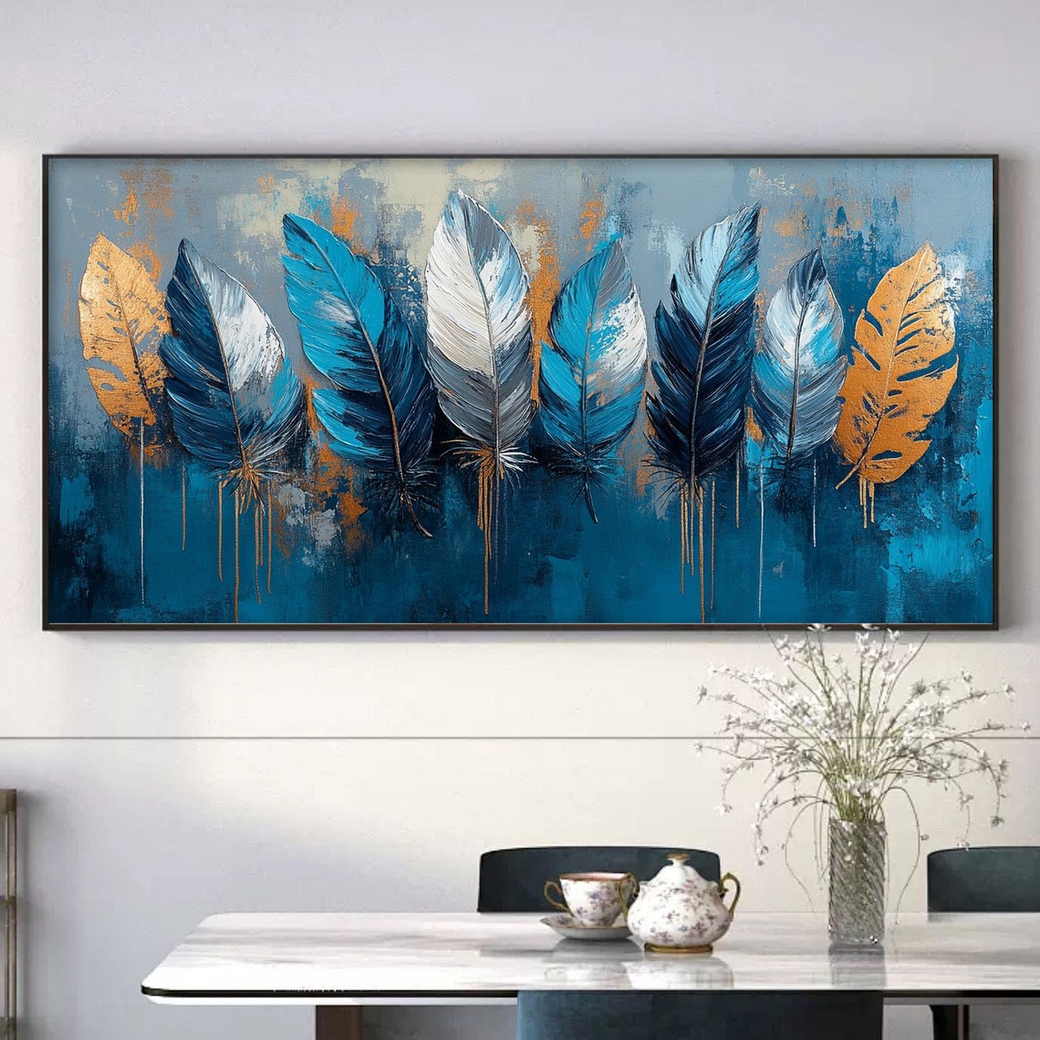 Blue and Gold Feathers Row with Metallic Drip Accents Poster