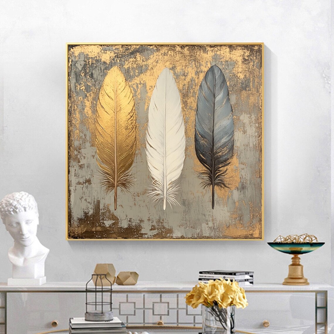 Three Gold White Gray Feathers Gold Leaf Oil Painting Poster