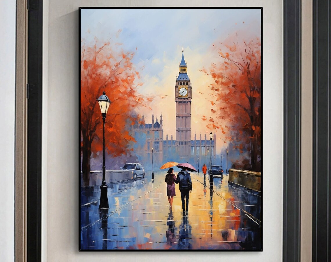 Rainy London Bridge at Sunset with Couple Under Umbrella Poster