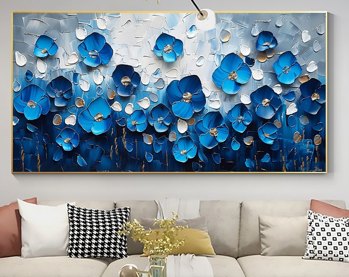 Cobalt Blue Blossom Row with Gold Centers Textured Art Poster