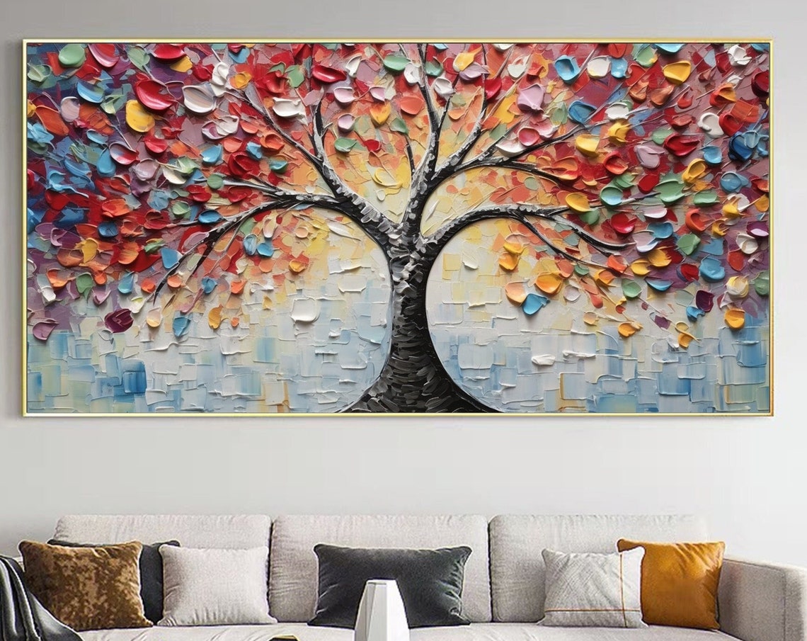 Rainbow Tree of Life Multicolor Leaves Impasto Blue Art Poster