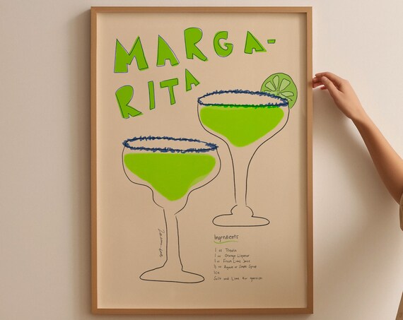 Margarita Recipe With Two Green Salt Rim Cocktail Glasses Poster