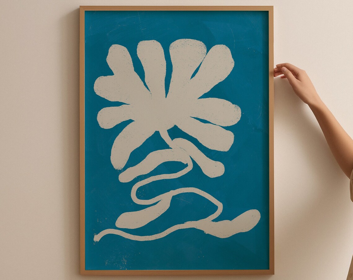 Cream Coral With Wavy Stalk On Ocean Blue Coastal Art Poster