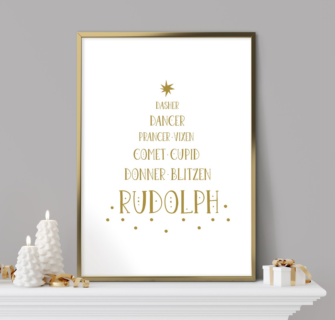 Reindeer Names Dasher to Rudolph Christmas Tree Typography Gold Art Print - Image 2