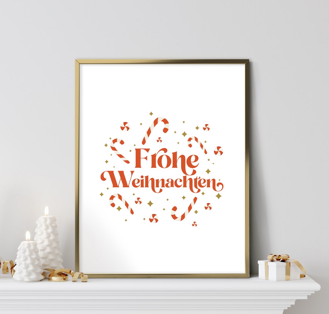 Frohe Weihnachten Red Candy Cane German Christmas Decor Wall Art - Image 2