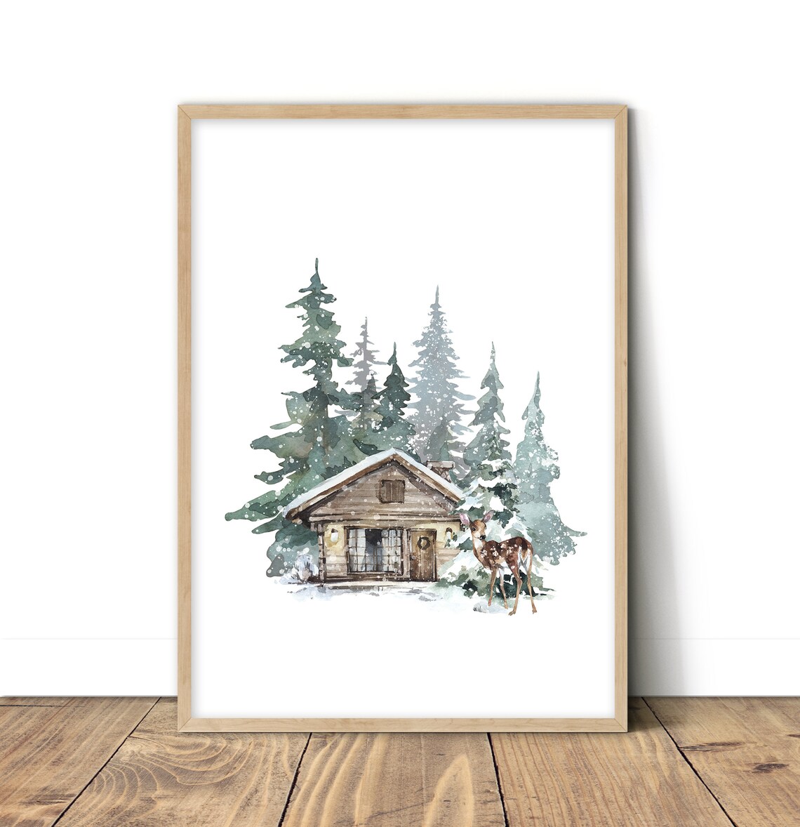 Snowy Log Cabin Among Towering Pines Watercolor Winter Forest Art Print - Image 2