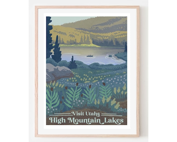 Visit Utahs High Mountain Lakes Vintage Travel Poster Canoe Wildflower Art