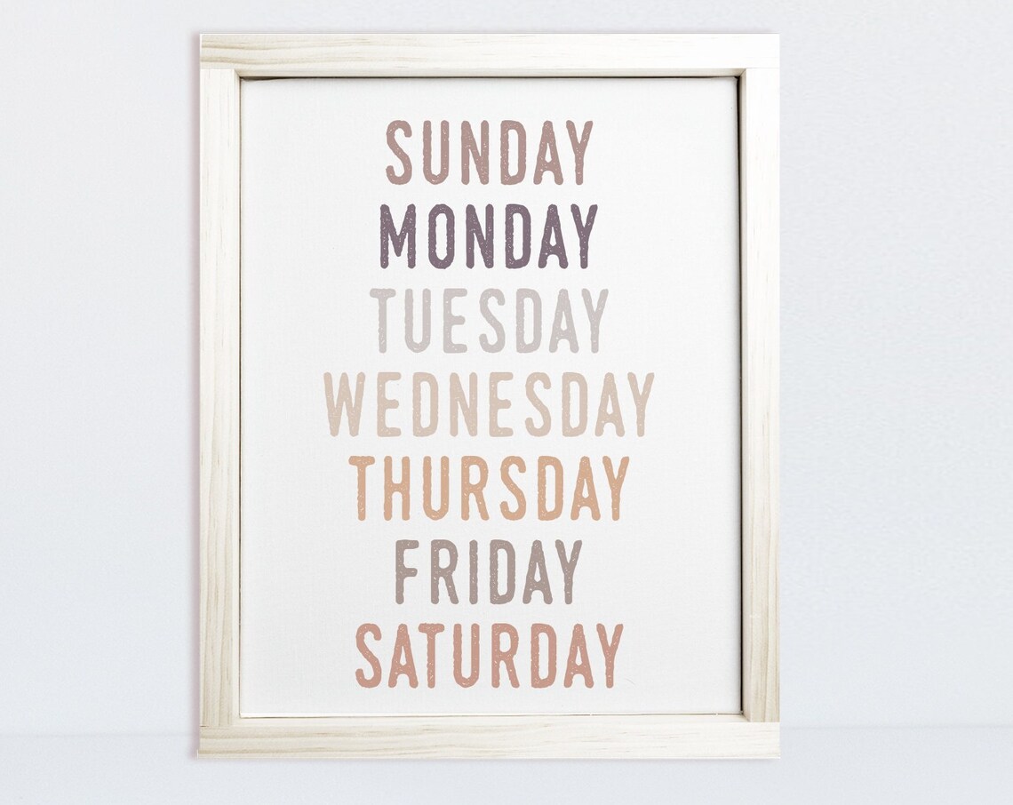 Days Of The Week Learning Sign Neutral Kids Nursery Boho Wall Art