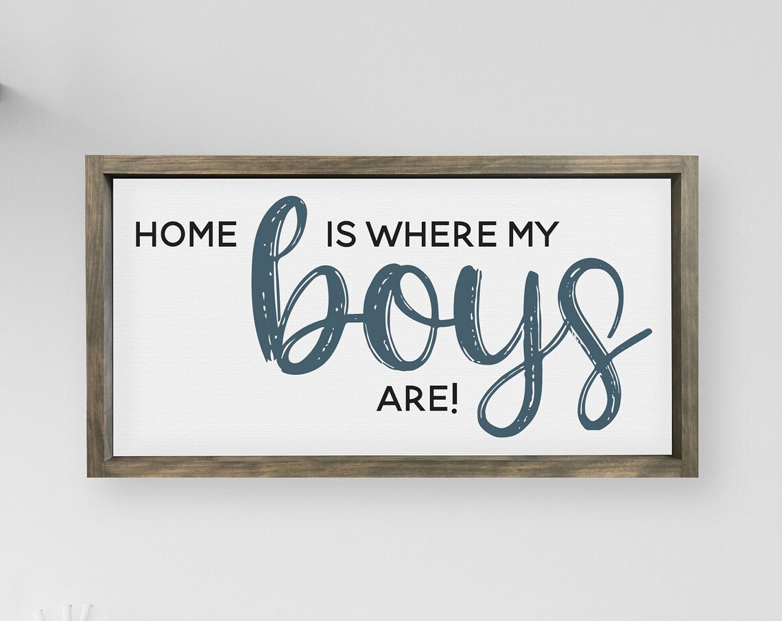 Home Is Where My Boys Are Dusty Blue Script Family Love Quote Poster