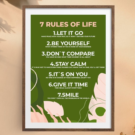 7 Rules of Life Motivational Quotes, Therapy Office Decor