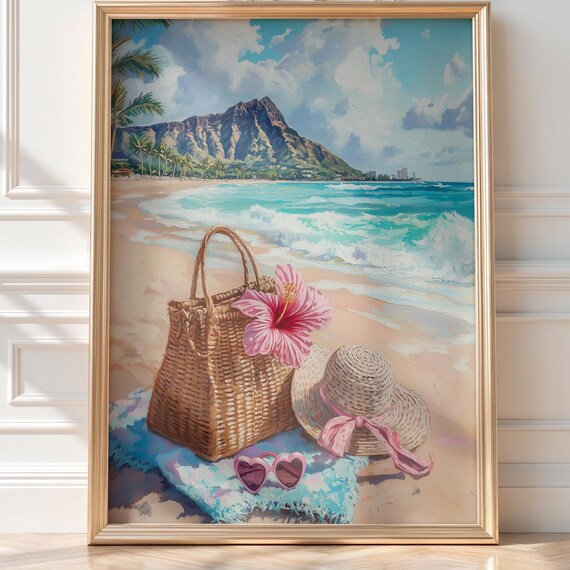 Diamond Head Beach Scene Wicker Bag Sun Hat Tropical Watercolor Poster