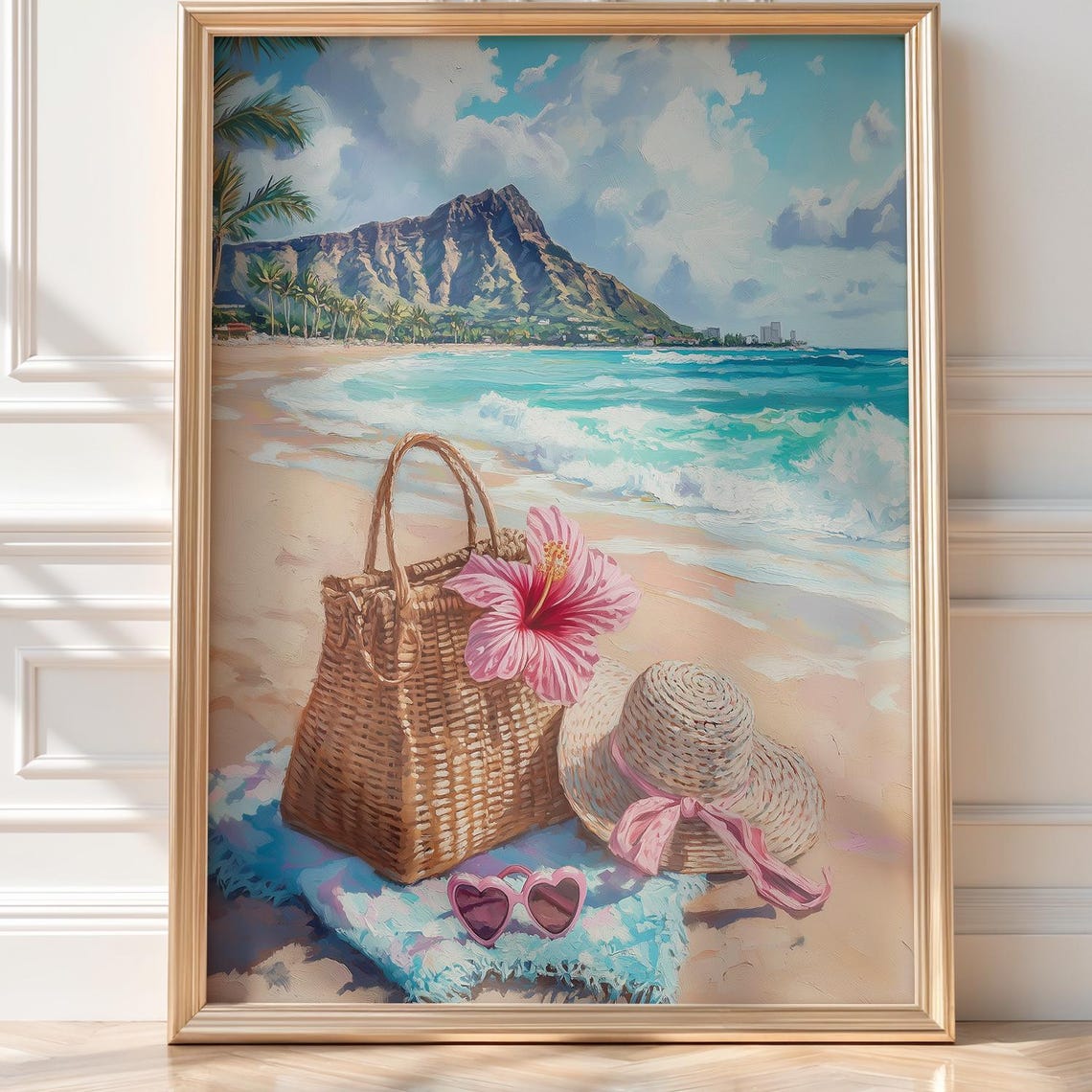 Diamond Head Beach Scene Wicker Bag Sun Hat Tropical Watercolor Poster