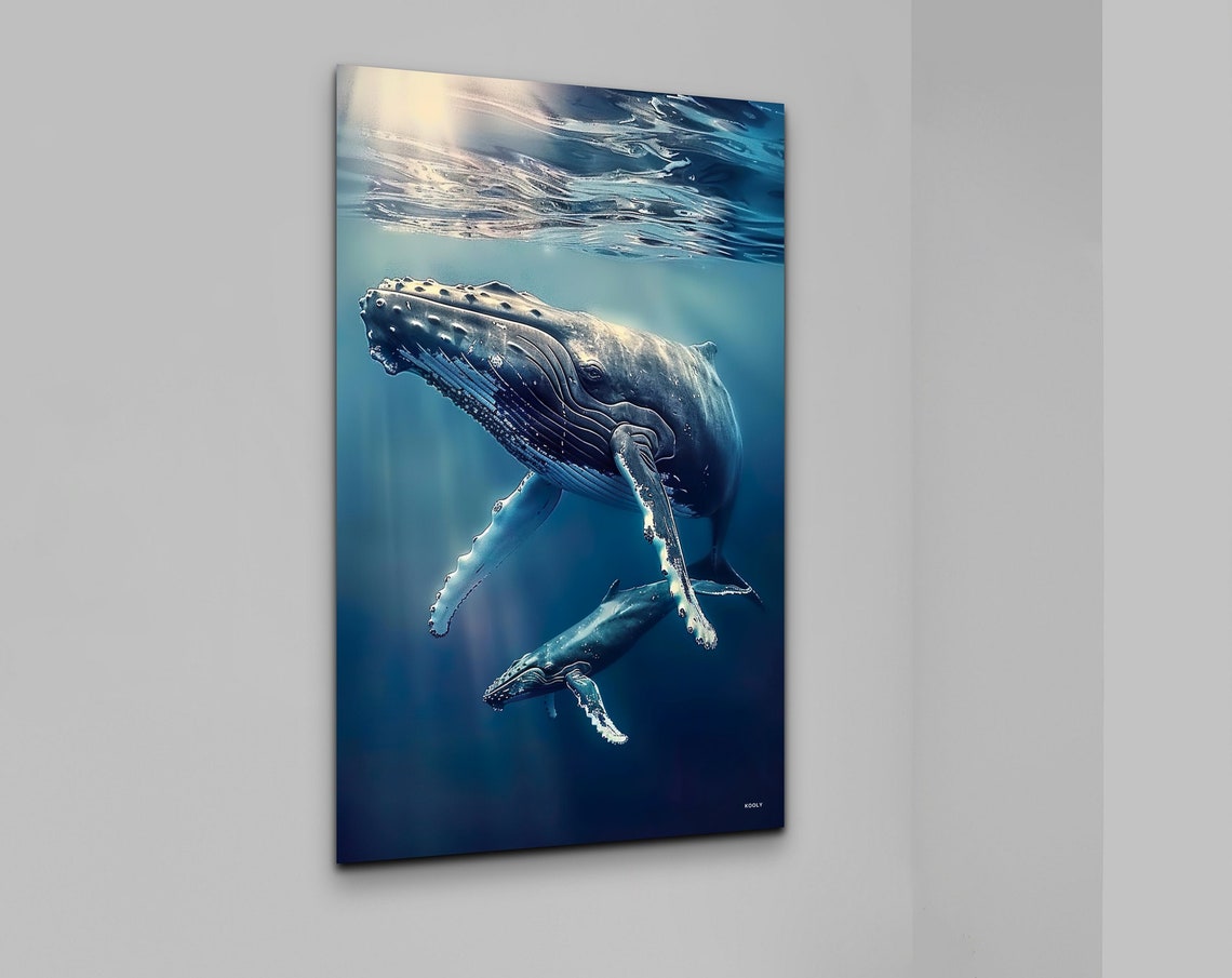 Humpback Whales Swimming Sunlit Underwater Seascape Scene Poster