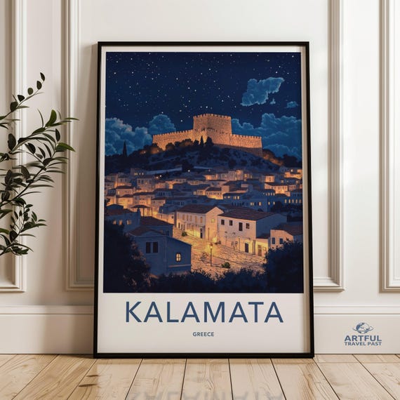 Kalamata Greece Night Scene Wall Art Print Vibrant Cityscape Poster Greek Architecture Artwork Illuminated Town Decor