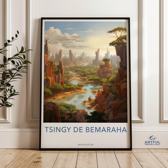 Tsingy de Bemaraha Madagascar Limestone Peaks Jungle River Travel Poster