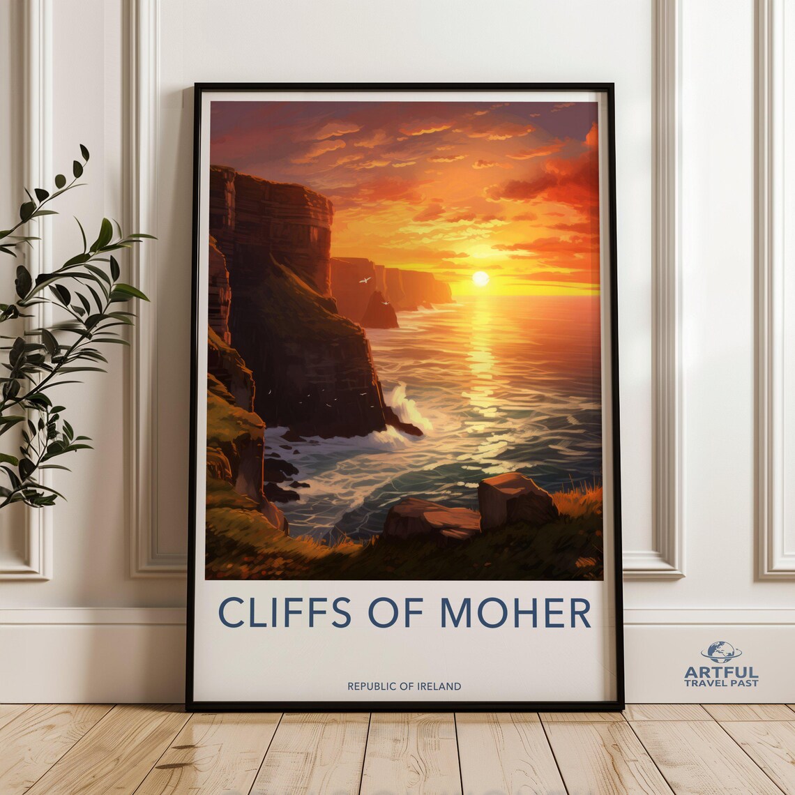 Cliffs Of Moher Ireland Golden Sunset Ocean Vintage Travel Poster