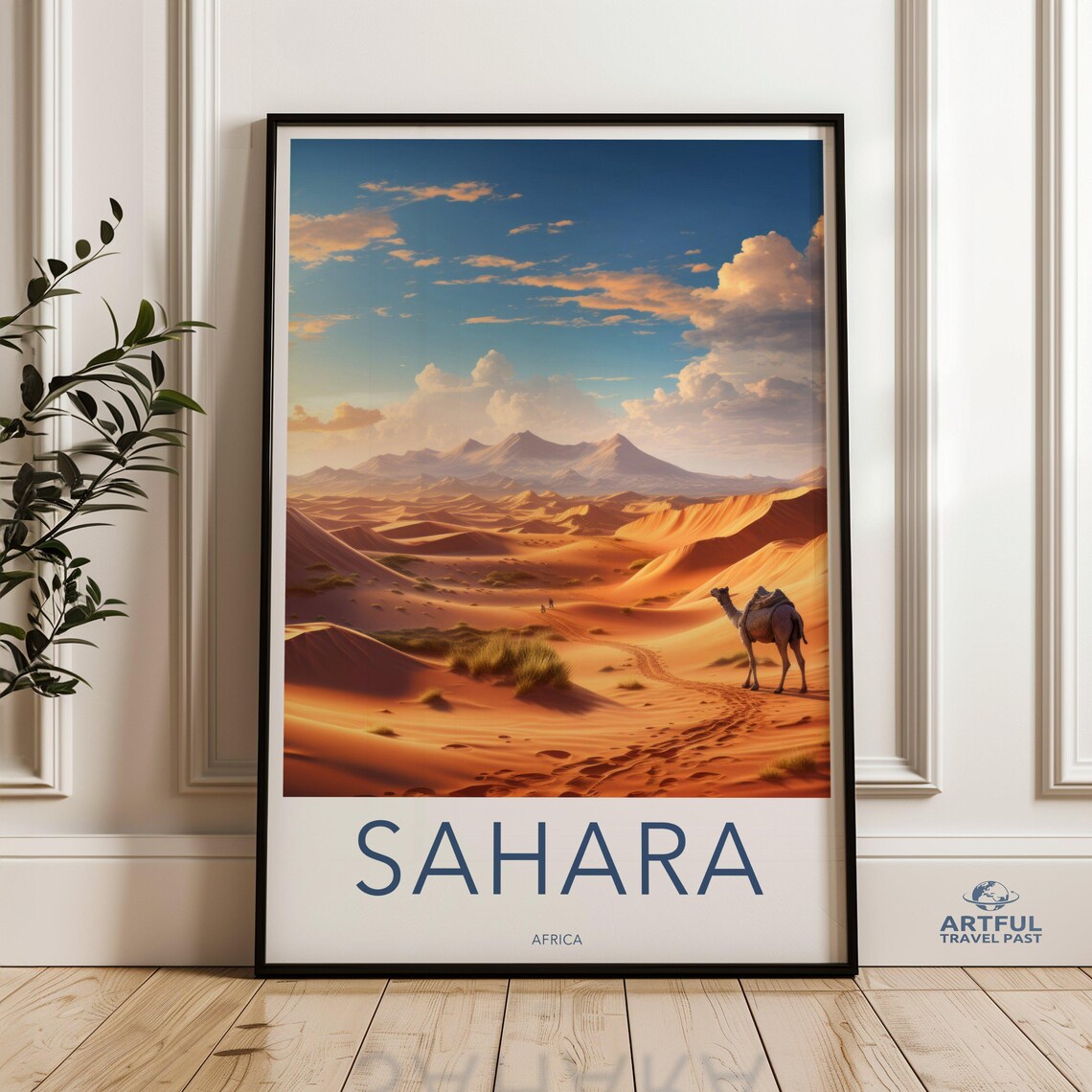 Sahara Desert Africa Travel Poster With Camel On Golden Dunes At Dusk