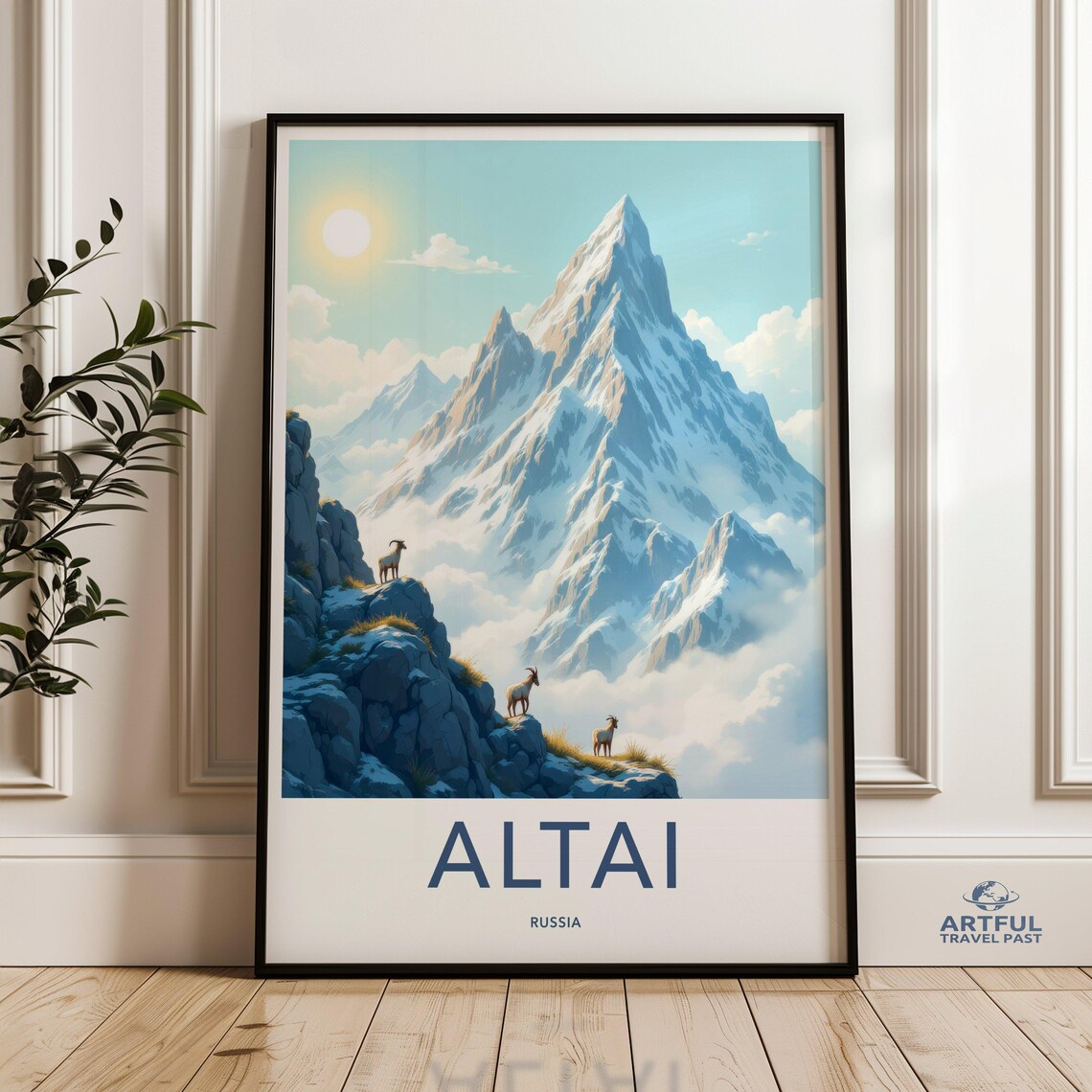 Altai Russia Snowy Mountain Peaks Goats Vintage Travel Poster