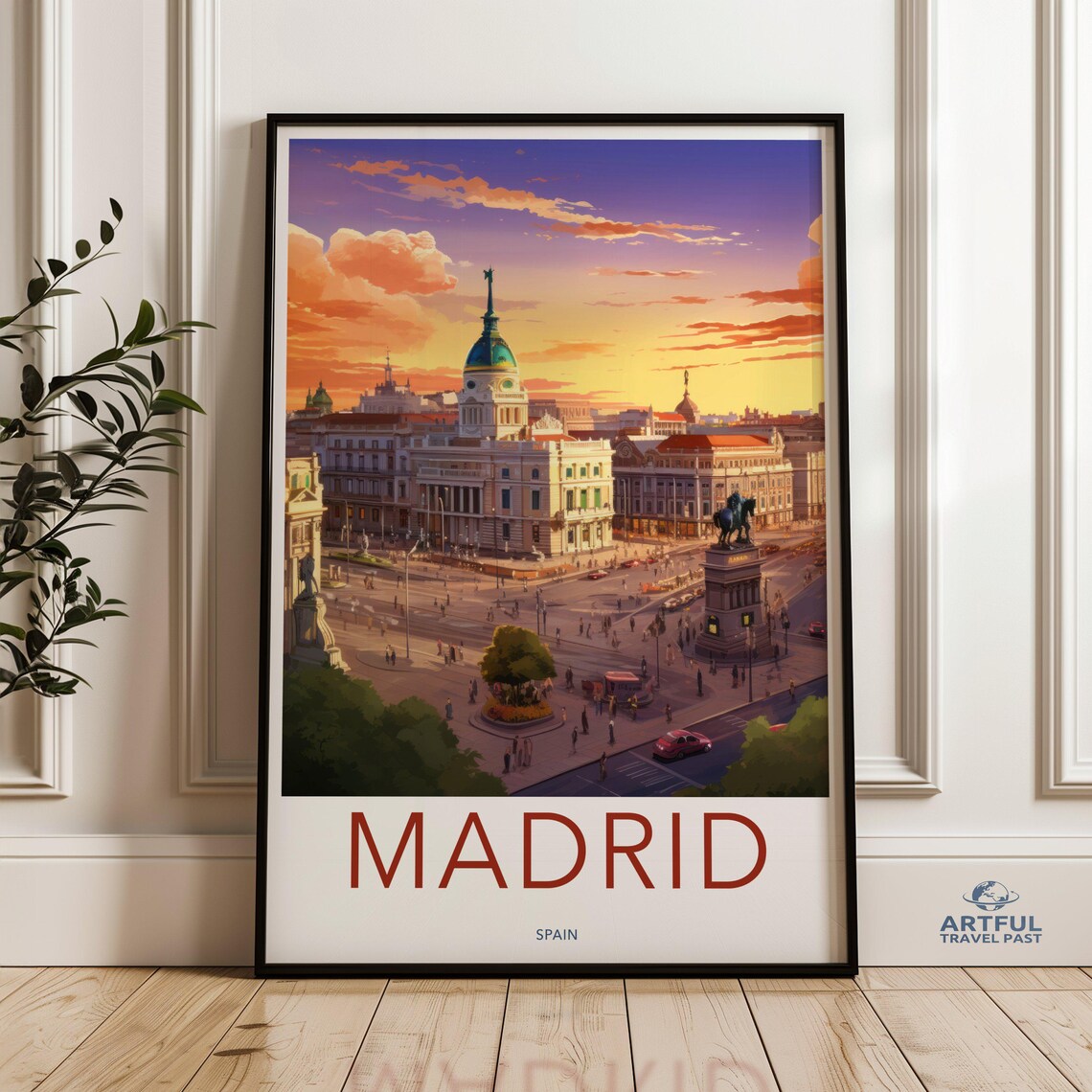 Madrid Spain Sunset Cityscape Plaza Statue Travel Art Poster