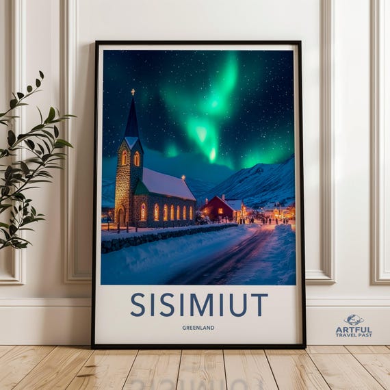 Sisimiut Greenland Wall Art Print Northern Lights Artwork Winter Night Photography Scandinavian Decor Arctic Landscape