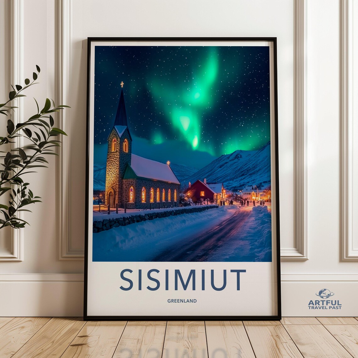 Sisimiut Greenland Church Northern Lights Winter Travel Poster
