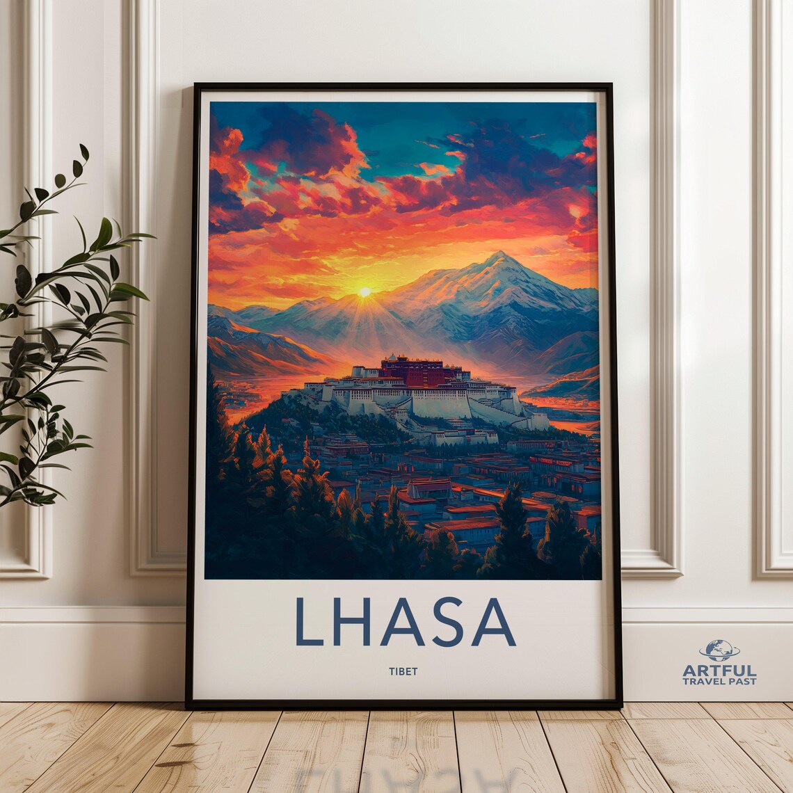 Lhasa Tibet Potala Palace Fiery Sunset Mountain Vintage Travel Poster
