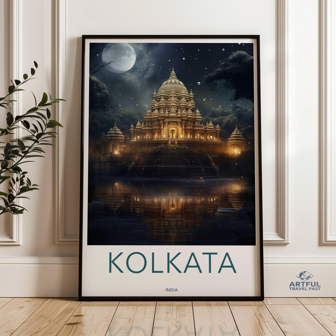Kolkata India Night Temple Moonlit Reflection Vintage Travel Poster
