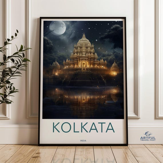 Stunning Kolkata Wall Art Print Moonlit Temple Reflection Illuminated Architecture Nighttime Serenity Cultural Landmark