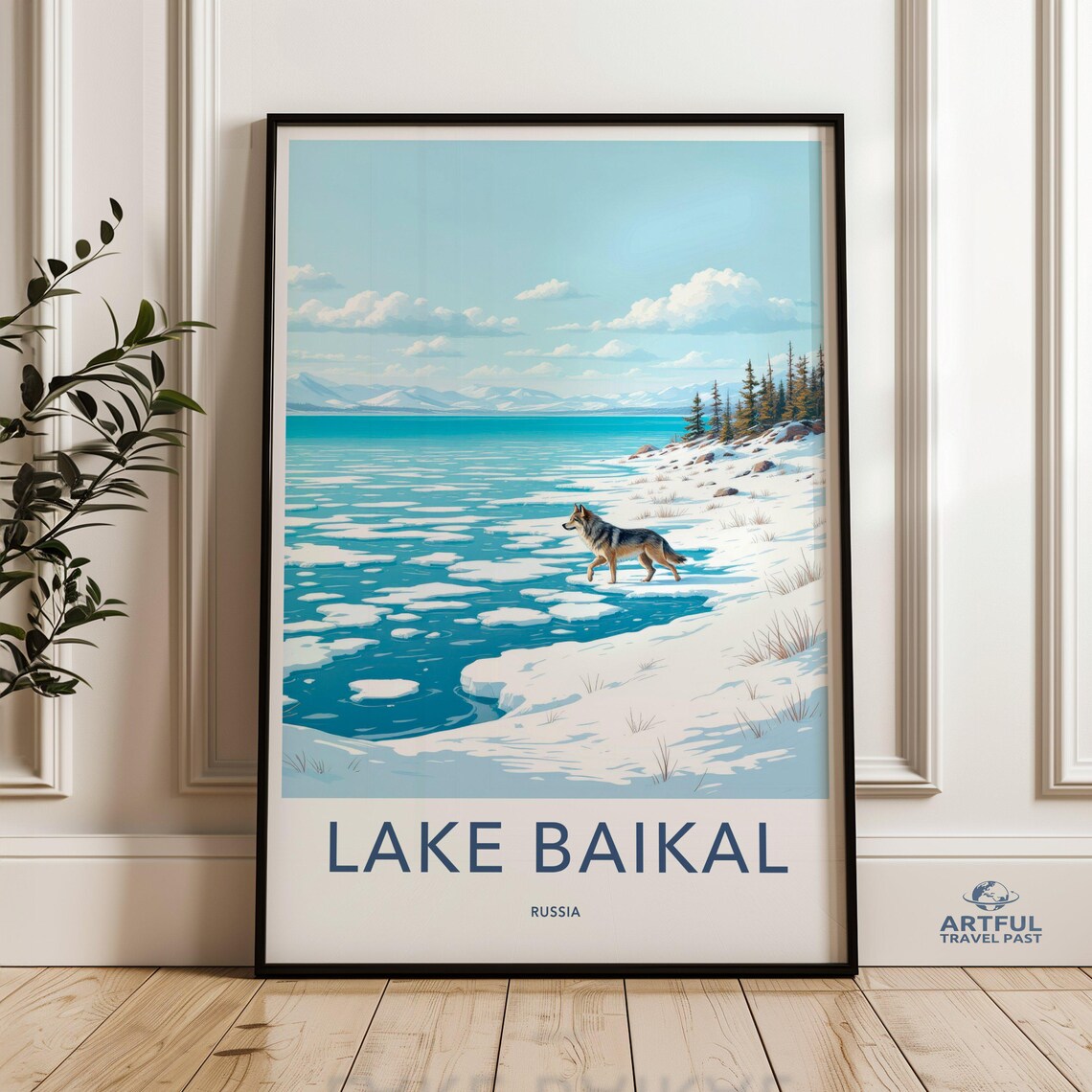 Lake Baikal Russia Travel Poster Wolf Frozen Shore Winter Scene