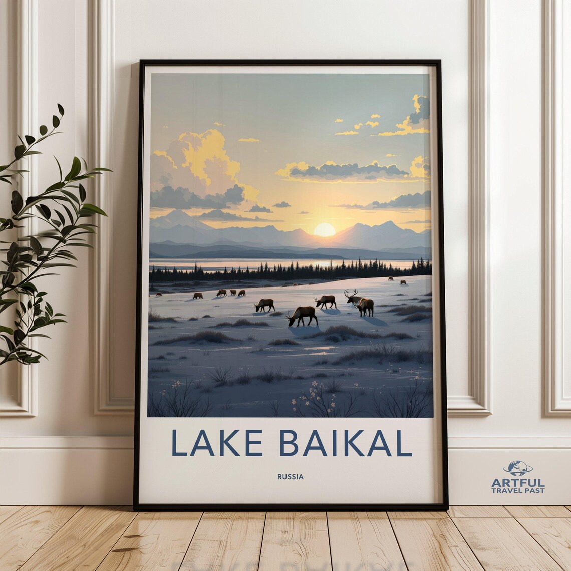 Lake Baikal Russia Sunset Reindeer Herd Frozen Lake Travel Poster