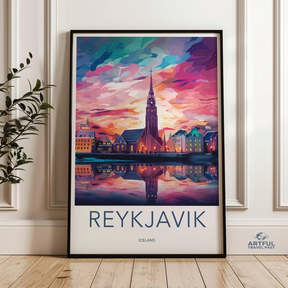 Reykjavik Wall Art Iceland Travel Poster Vibrant City Skyline Modern Home Decor Colorful Print Reflection Scandinavian